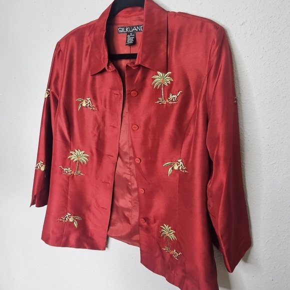 Silkland‎ Maroon Red Silk Blazer Womens 10 Embroidered Tropical Monkey - Picture 2 of 9